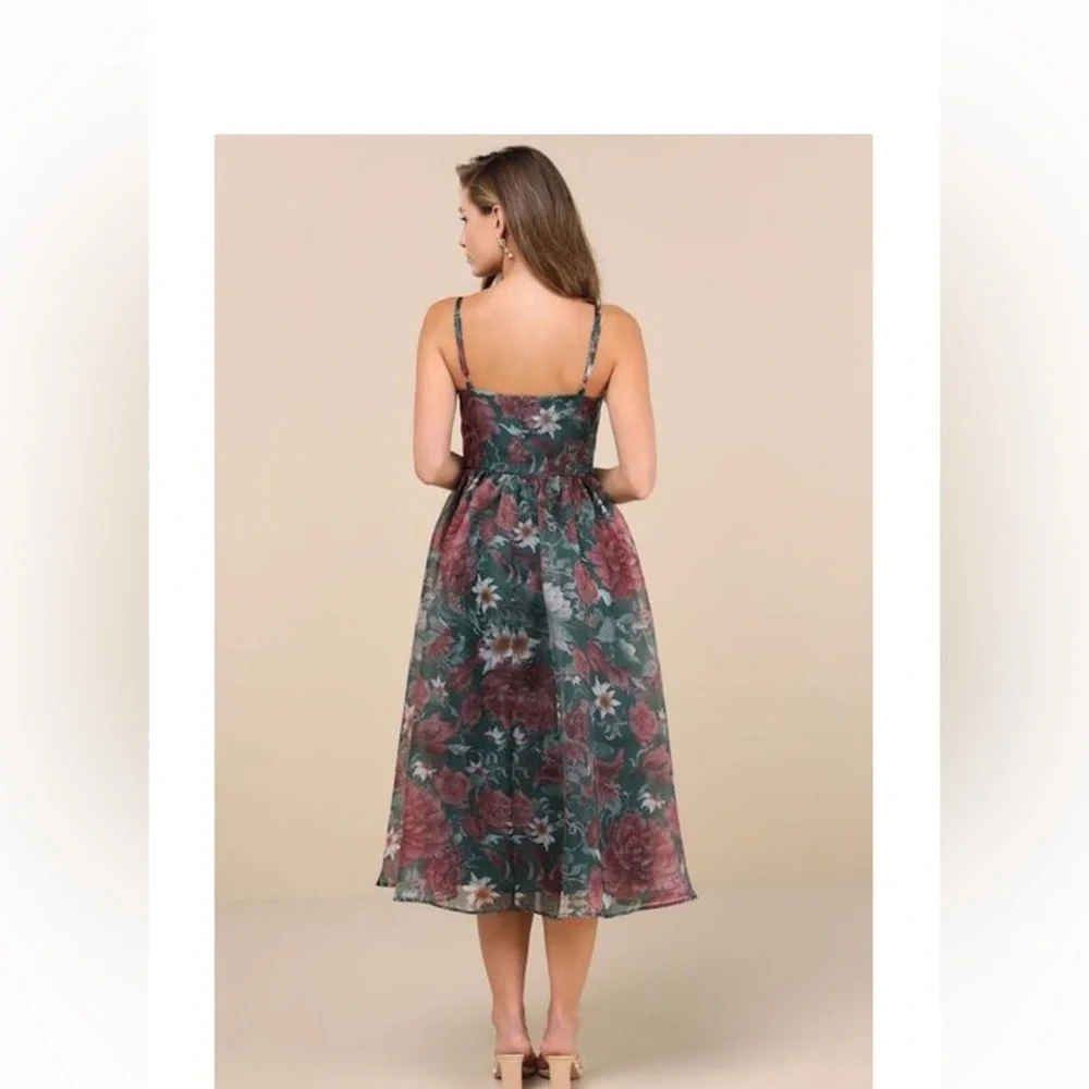 Lulu's Forest Green Floral Midi Dress with Rose Accents - Picture 3 of 8